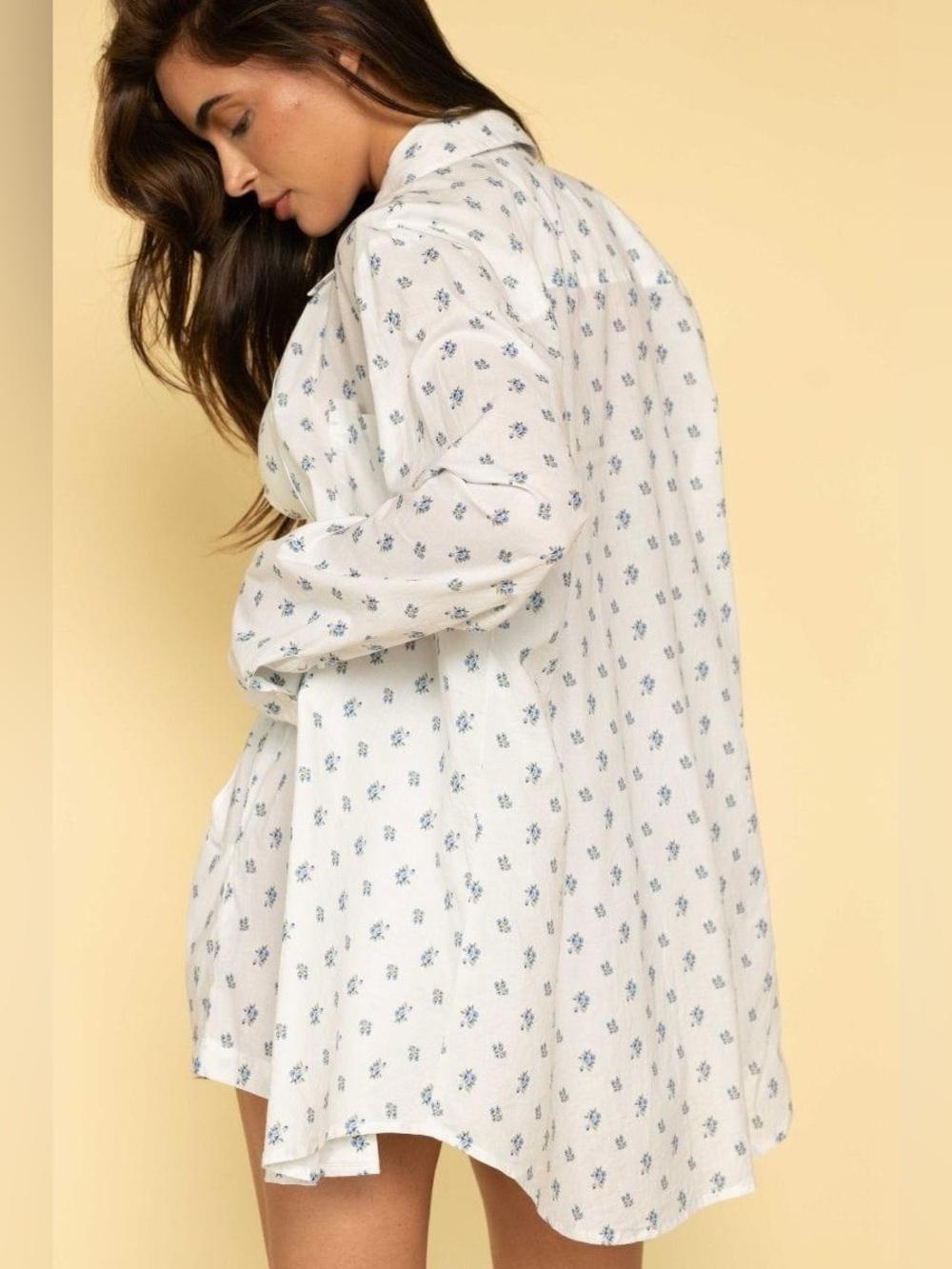 Montce Heidi Floral Boyfriend Button Down Shirt Swim Cover Up White Blue